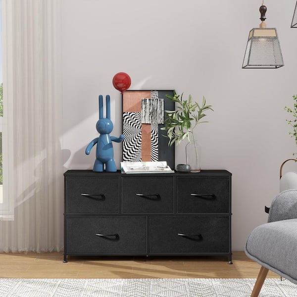 WONDER COMFORT Modern Black 5 Drawer 11.8 in. Wide Chest of Drawers with Fabric Bin, Steel Frame, Wood Top for Bedroom, Entryway