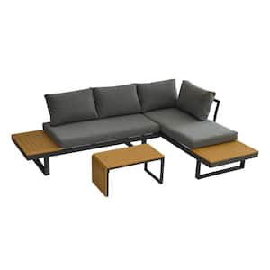 3-Piece Aluminum Outdoor Furniture Sectional Set with Gray Cushions and Coffee Table