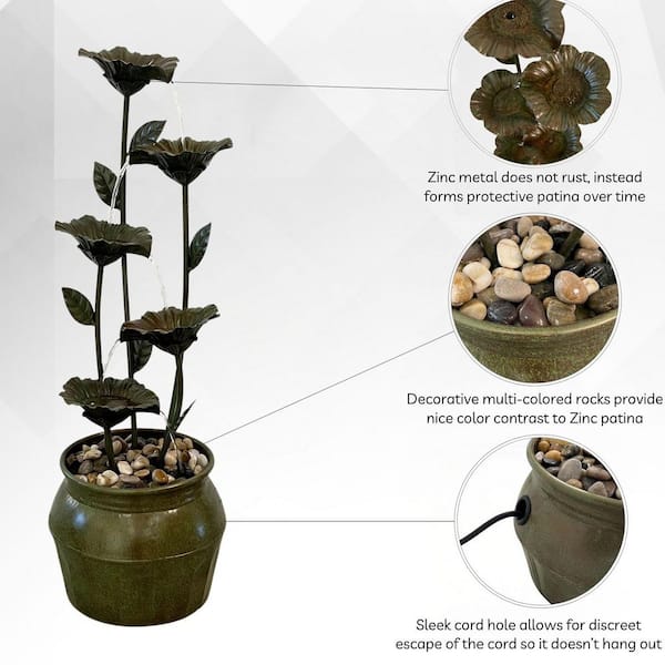 34.3 in. H Zinc Metal Tiered Flower Fountain with River Stones - Indoor and Outdoor Water Feature