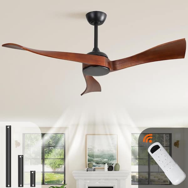 52 Inch Solid Brown Wood Ceiling Fan No Light, Quiet Reversible DC Motor, 6-Speed Remote, Timer, Standard Downrod Mount