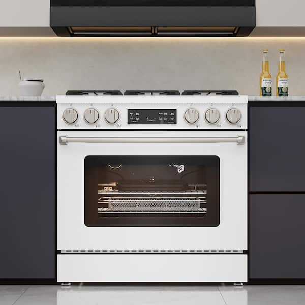 36 in. 6-Burner Slide-In Gas Range with 6.0 cu. ft. Convection Oven, Steam Clean and Air Fry in White