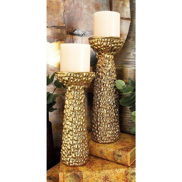 Litton Lane Gold Ceramic Bubble Embossed Round Candle Holders (Set of 3)