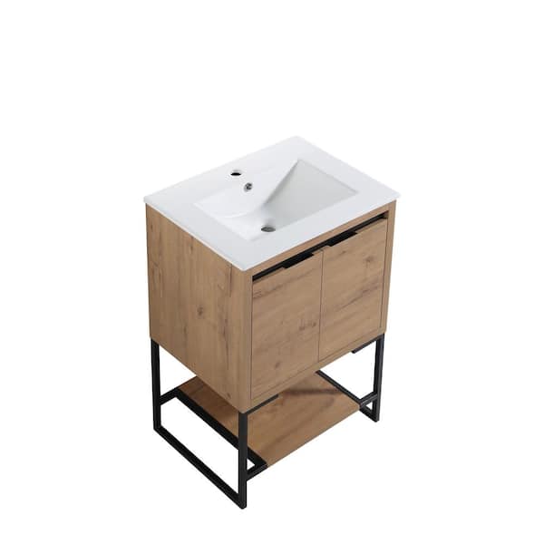 Whatseaso 24.00 in. W x 18.30 in. D x 35.00 in. H Freestanding Bath Vanity in Oak with White Composite Top