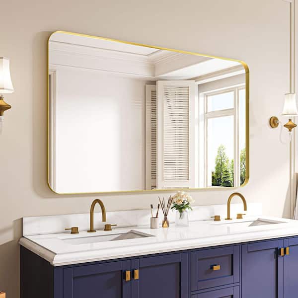 60 in. W x 36 in. H Rectangular Aluminum Framed Wall Bathroom Vanity Mirror in Gold