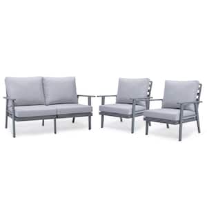 Walbrooke Grey 3-Piece Aluminum Outdoor Loveseat and Set of 2 Armchairs with Removable Cushions, Light Grey