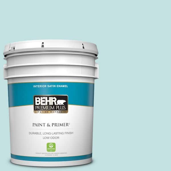 BEHR PREMIUM PLUS 5 gal. #T17-04 Peek a Blue Satin Enamel Low Odor Interior Paint & Primer