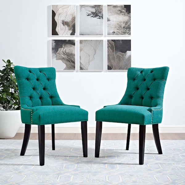 MODWAY Regent Modern Tufted Upholstered Fabric Two Dining Chairs with Nailhead Trim in Teal