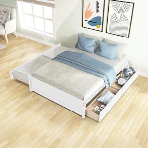 White Full Size Platform Bed with Twin Trundle and 2-Drawers, Wood Kids Captain Platform Bed Frame with Wood Slats