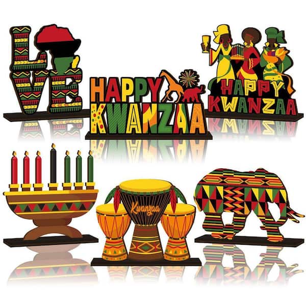 Wooden Kwanzaa Table Decorations for Home Office Desk and Holiday Party Finial Supplies (6-Pack)