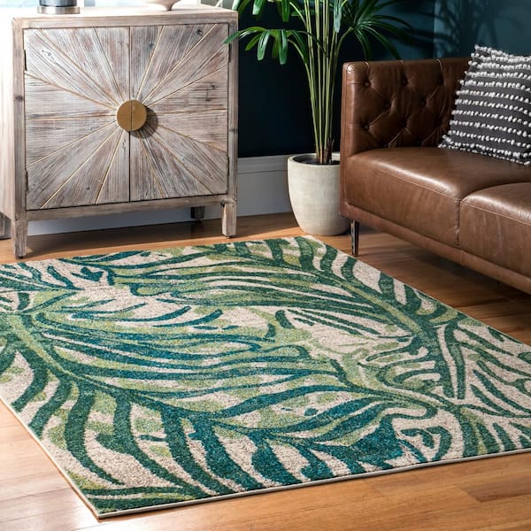 Cali Abstract Leaves Green 9 ft. x 12 ft. Area Rug