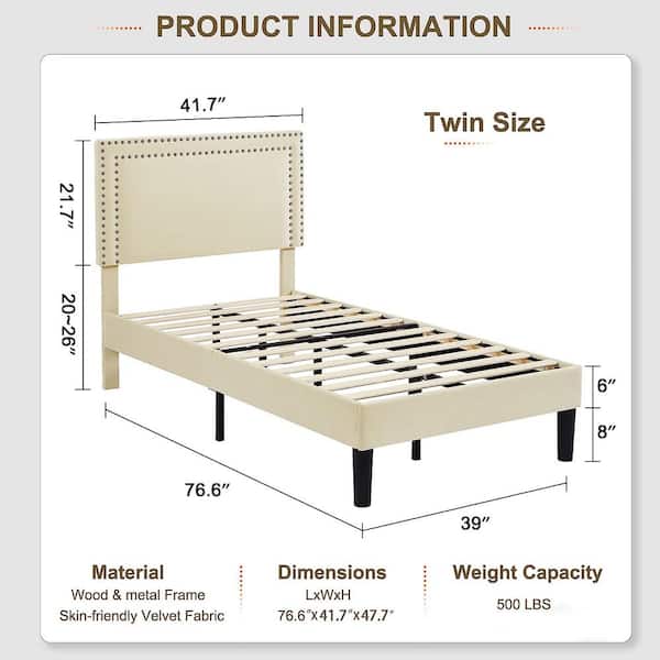 Upholstered Bed with Adjustable Headboard, No Box Spring Needed Platform Bed Frame, Bed Frame Beige Twin Bed