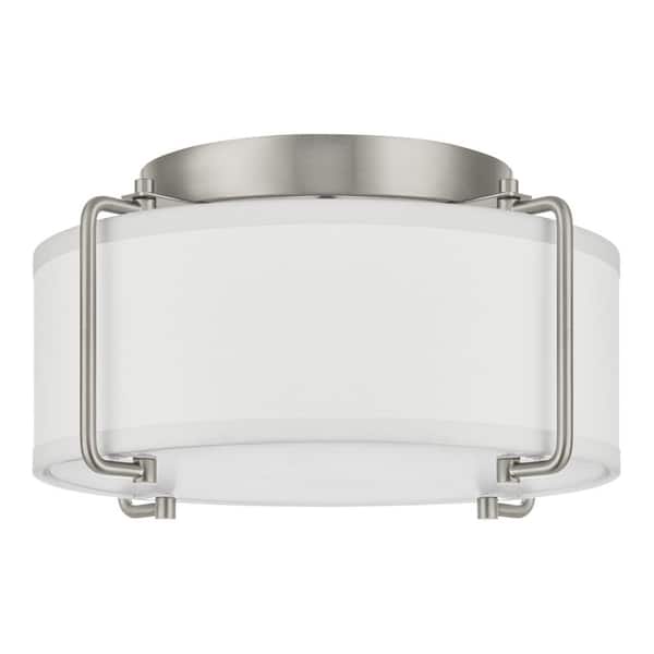 Home Decorators Collection Brookley 13 in. 2-Light Brushed Nickel Flush Mount with White Fabric Shade