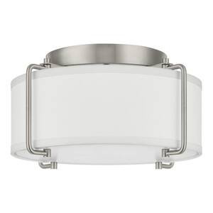 Brookley 13 in. 2-Light Brushed Nickel Flush Mount with White Fabric Shade