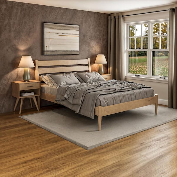 Mid-Century Modern Light Oak Beige Frame Queen Size Platform Bed