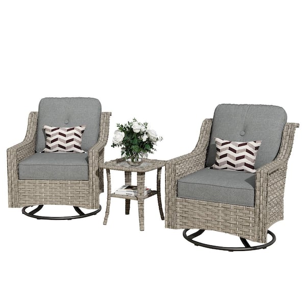Eureka Grey 3-Piece Wicker Outdoor Patio Conversation Swivel Rocking Chair Seating Set with Dark Grey Cushions