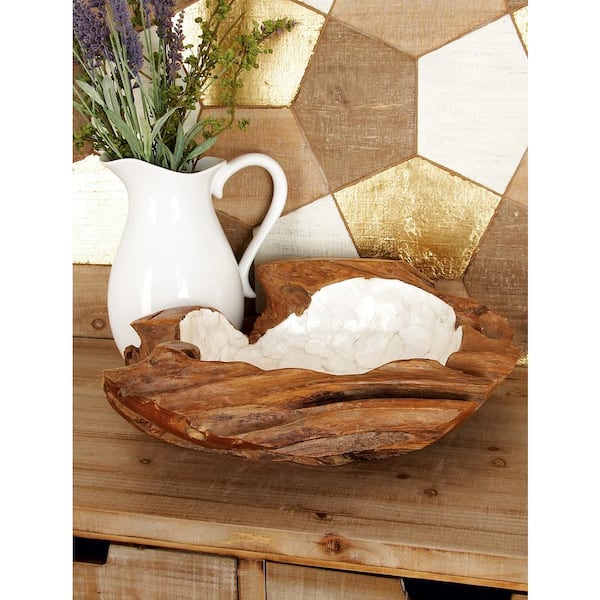 Brown Handmade Teak Wood Live Edge Free Form Decorative Bowl with Capiz Interior