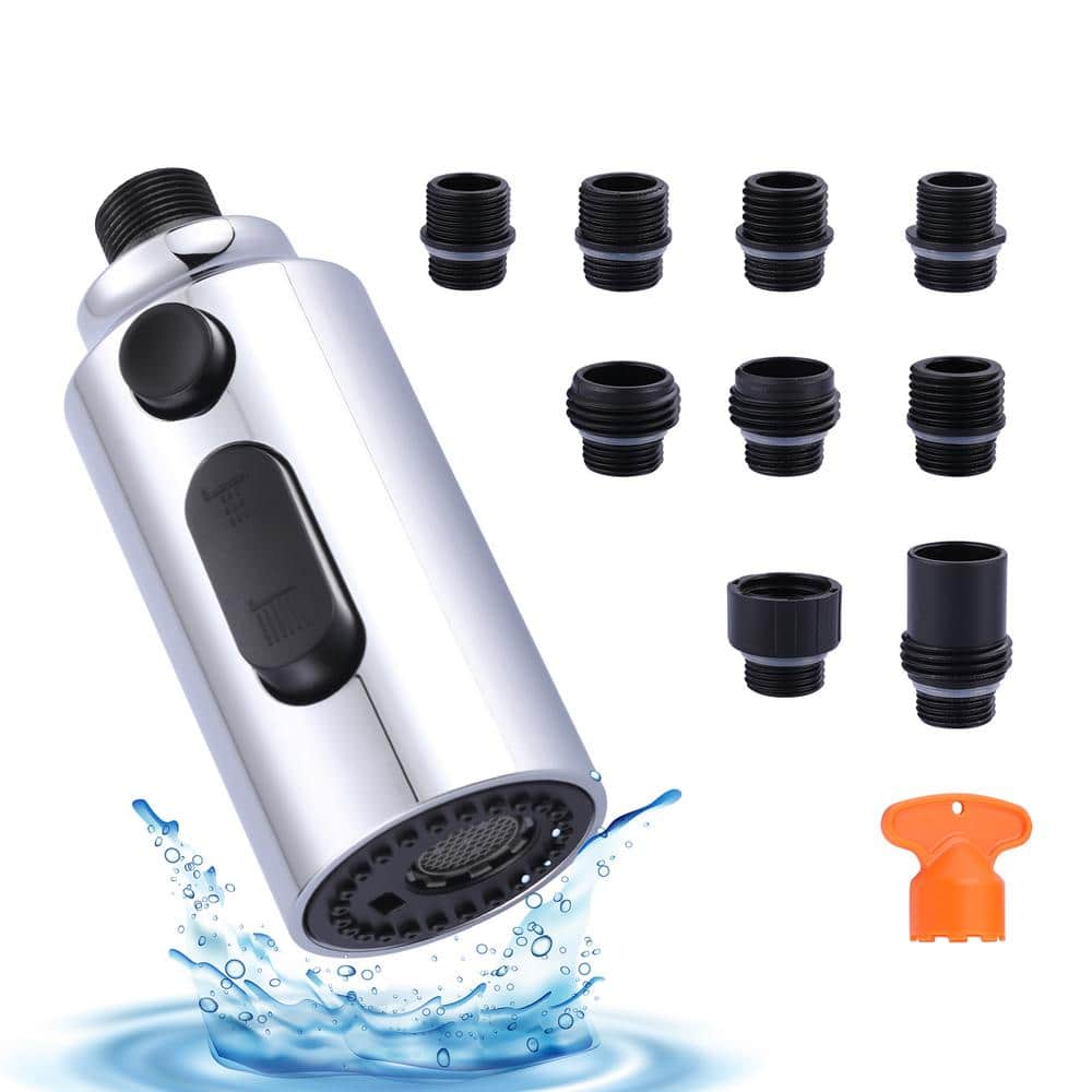 Chrome 3-Function Kitchen Faucet Spray Head with 9 Adapters