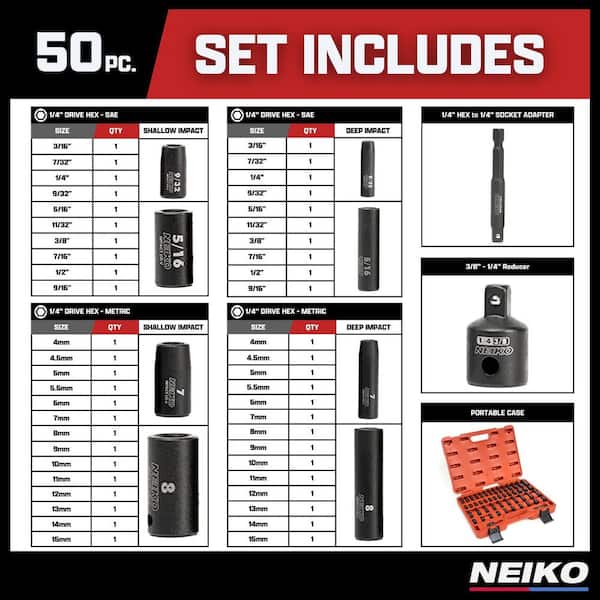 NEIKO 1/4 in. Drive SAE and Metric 6-Point Deep Impact Socket Set