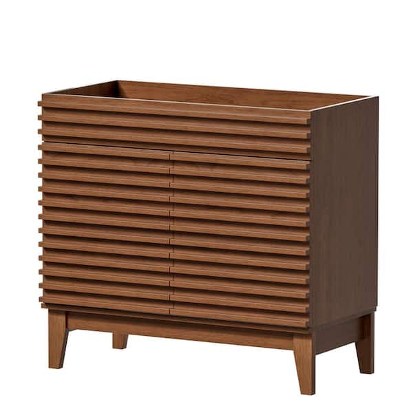 36 in. Bath Vanity Cabinet Without Top, Walnut, Mid-Century with 2 Soft-Close Doors, Wood Grain Laminate, Unassembled