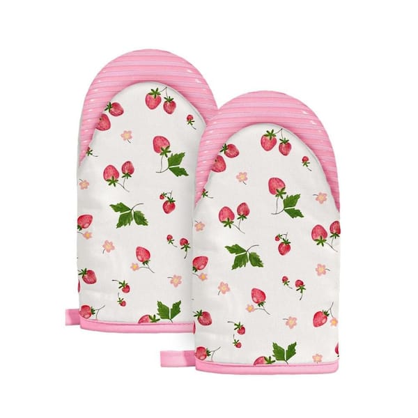 Classic Pink Extended Long Heat Resistant 100% Cotton Non-Slip Silicone Grip Pizza Oven Mitts with Hanging Loop 2-Pack