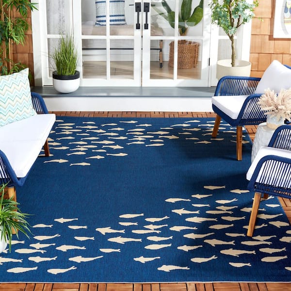Courtyard Navy/Beige 7 ft. x 10 ft. Aquatic Indoor/Outdoor Area Rug