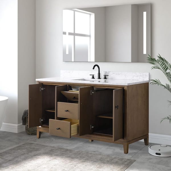 60 in. W x 22 in. D Single Sink Freestanding Walnut Bath Vanity Cabinet with White Engineered Marble Top
