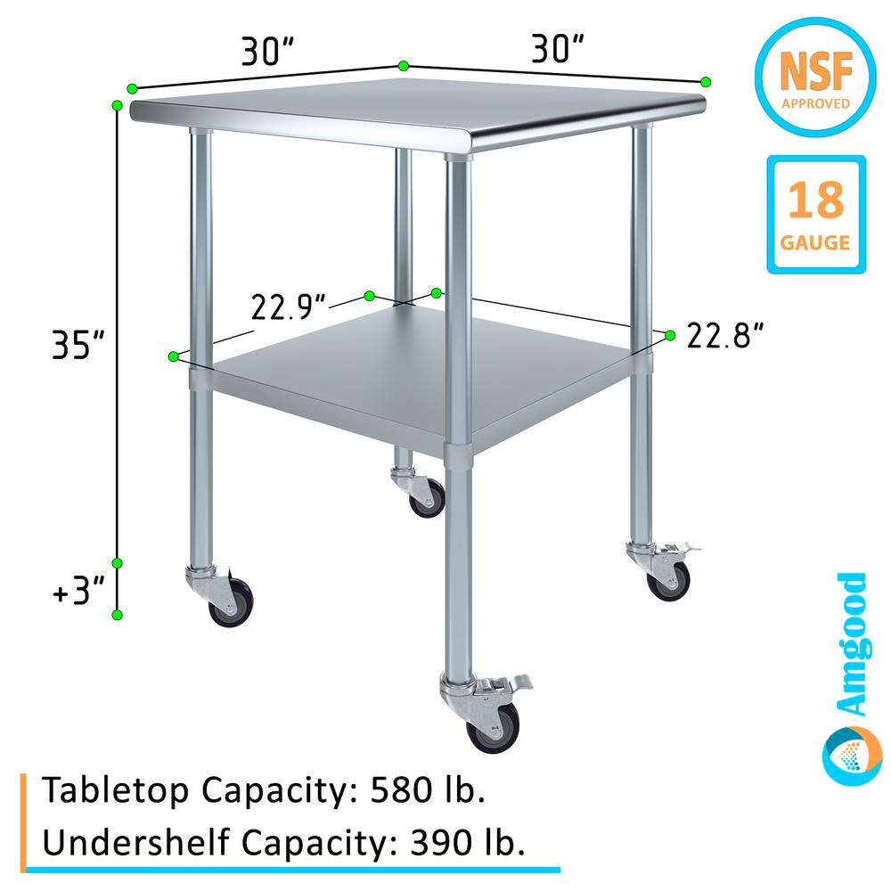 30" Stainless Steel Utility Work Table with Galvanized Undershelf and Casters