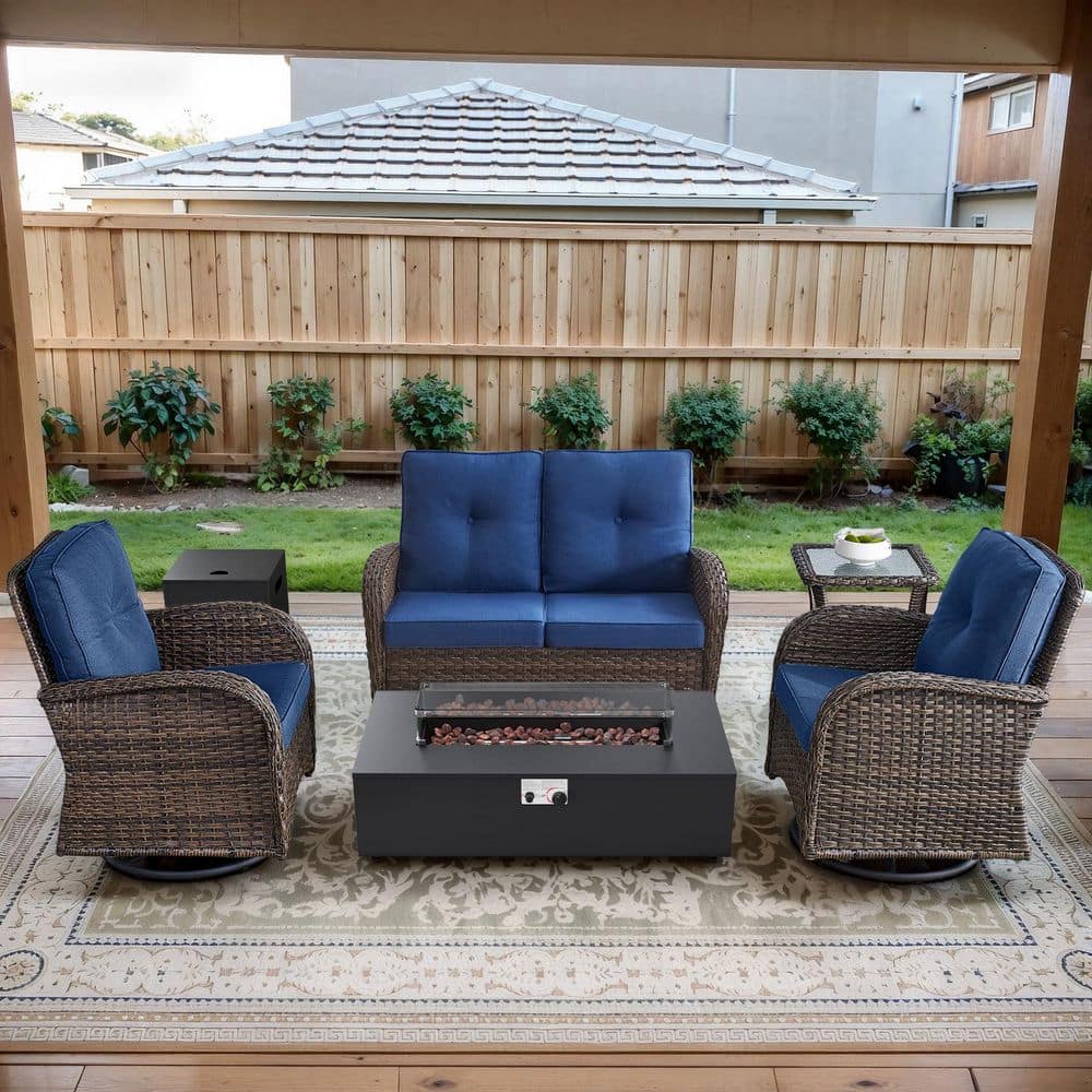 Brown 5-Piece Wicker Patio Fire Pit Set, Loveseat Glider Seating Set with Olefin Navy Blue Cushions and Swivel Gliders price history on PriceWatchPro