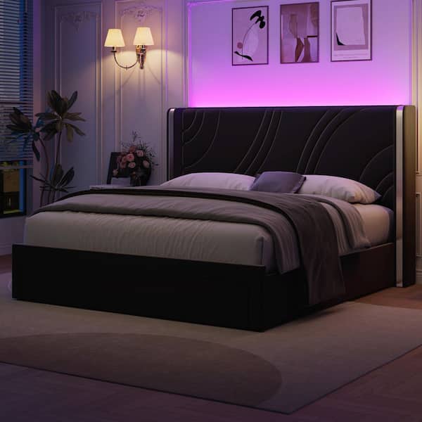 Black Wood Frame Queen Size Modern Velvet Upholstered Platform Bed with Drawers, Adjustable RGB LED Wingback Headboard