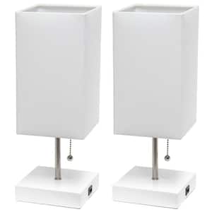 14.25 in. Petite White Stick Lamp with USB Charging Port and White Fabric Shade Set (2-Pack)