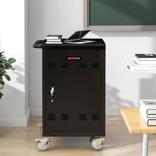 30-Device Compartment All Steel 4-Wheeled Classroom Storage Mobile Charging Tablets Laptops Cart & Cabinet in Matt Black