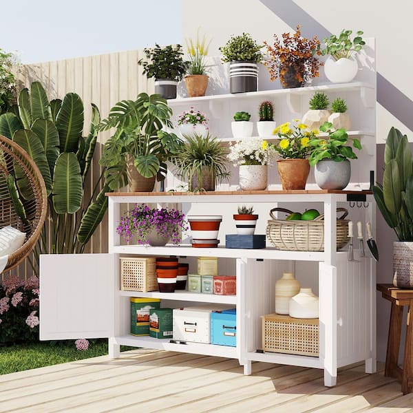 BTMWAY 50.2 in. W x 65.4 in. H White Outdoor Planting Workstation Solid Fir Wood Potting Bench and Table w/ Cabinet and Shelves
