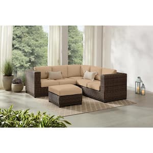 Fernlake 4-Piece Taupe Wicker Outdoor Patio Sectional Sofa with Sunbrella Beige Tan Cushions