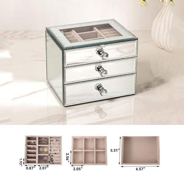 3-Layer Silver Rectangular Glass Jewelry Box with Mirror and 2