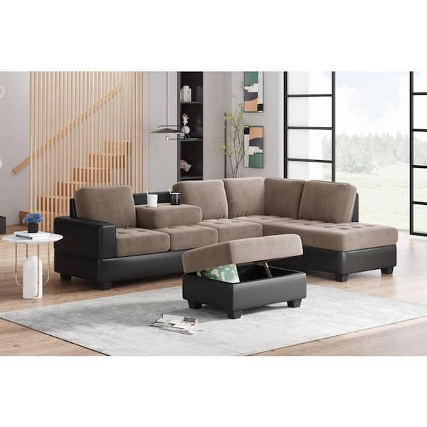 Harper & Bright Designs 112 in. W Square Arm Velvet Modern L Shaped Sectional Sofa in Brown with Storage Ottoman