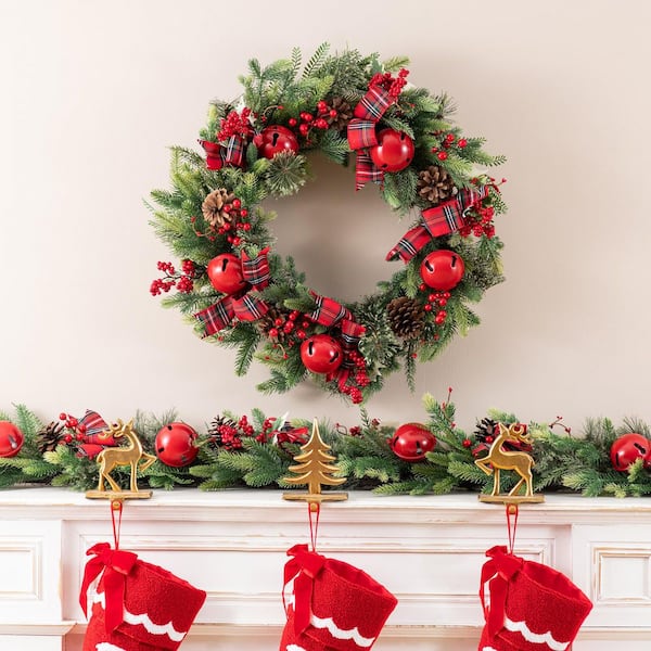 Glitzhome 26 in. D Christmas Unlit Bell Pinecone and Berry Bow