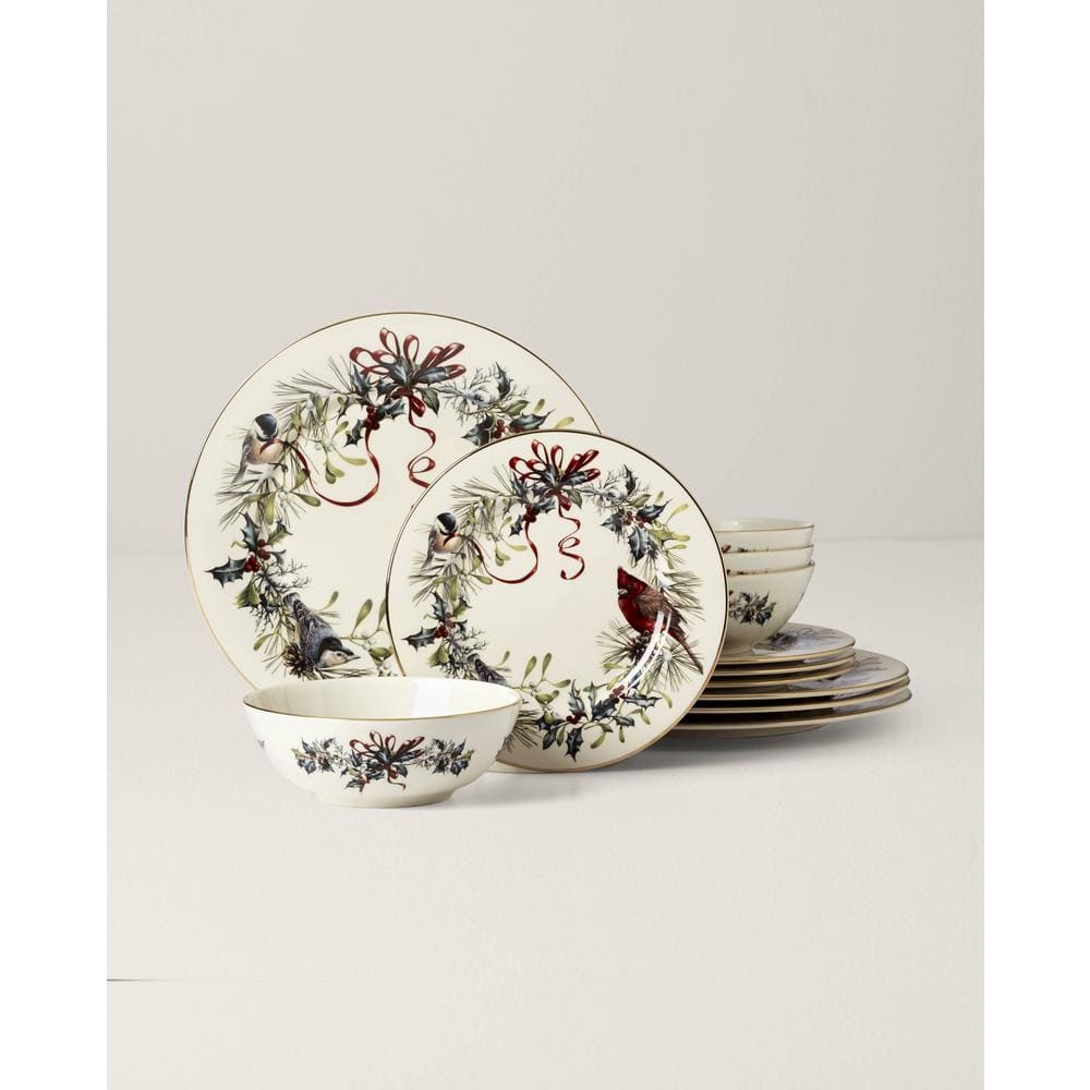 Ivory Porcelain Winter Greetings 12-Piece Dinnerware Set