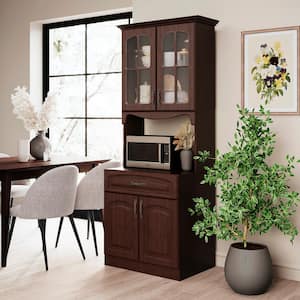 Living Skog Scandi 71 in. Dark Cherry Tall Pantry Kitchen Storage Cabinet Buffet with Hutch for Microwave with Drawers, Brown