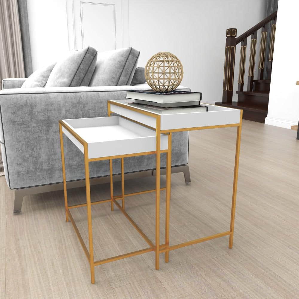 White and Gold Polished Nesting Console Tables, Set of 2