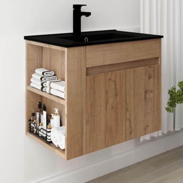 Xspracer Victoria 30 in. W x 18 in. D x 20 in. H Floating Single Sink Bath Vanity in Wood with Black Ceramic Top and Cabinet