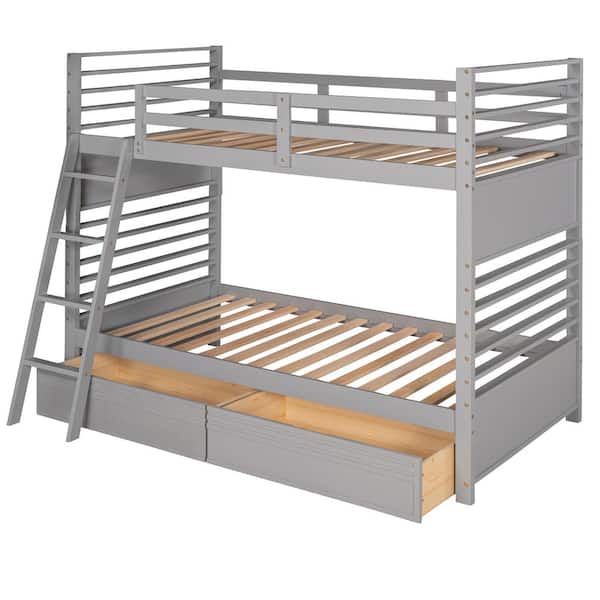 URTR Gray Twin Over Twin Wood Bunk Bed with Two Drawers, Detachable Bunk Bed Frame with Ladders for Kids, Teens