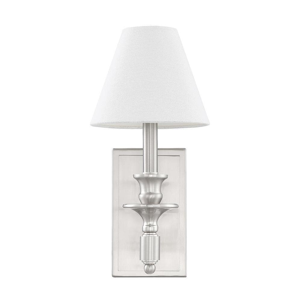 Washburn Satin Nickel 1-Light Wall Sconce with White Linen Shade