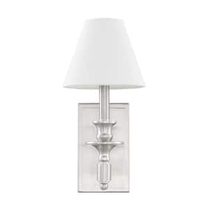 Washburn 7 in. W x 15 in. H 1-Light Satin Nickel Wall Sconce with White Linen Shade