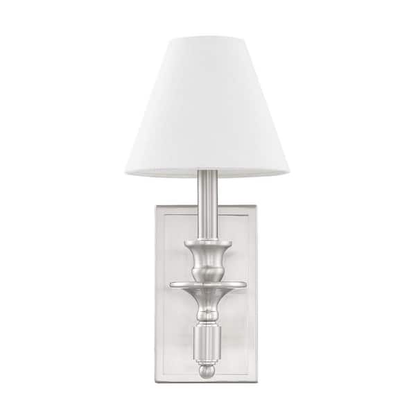 Savoy House Washburn 7 in. W x 15 in. H 1-Light Satin Nickel Wall Sconce with White Linen Shade