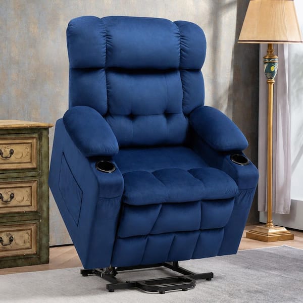 Blue German Velvet Extra Wide Oversized Electric Power Lift Recliner Chair w/Massage & Heating, Living Room Big Chair