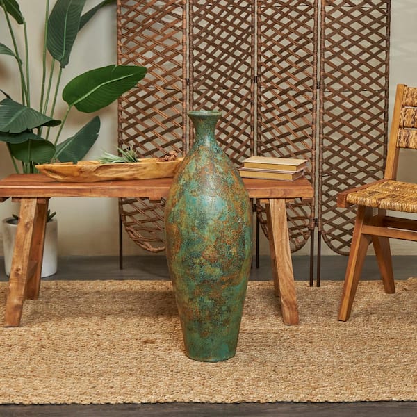 Litton Lane 31 in. Green Tall Distressed Antique Style Ceramic Decorative Vase