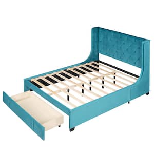 Blue Velvet Upholstered Wood Frame Queen Size Platform Bed with Storage Drawer