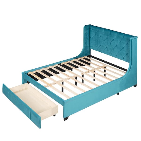 ATHMILE Blue Velvet Upholstered Wood Frame Queen Size Platform Bed with Storage Drawer