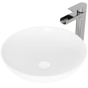 Matte Stone Lotus Composite Round Vessel Bathroom Sink in White with Amada Faucet in Brushed Nickel and Pop-Up Drain