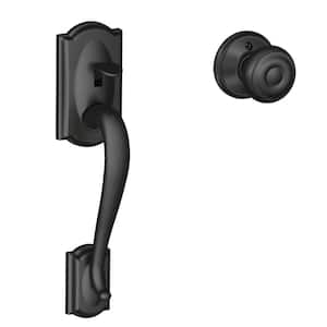 Camelot Matte Black Door Handleset Grip with Georgian Door Knob and Camelot Trim